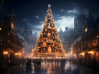 Christmas tree in the center of Moscow at night, Russia. Festive background - obrazy, fototapety, plakaty