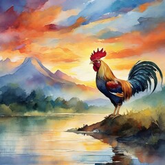 a serene wall art piece capturing the essence of a rooster's morning call against a backdrop of a colorful sunrise. Use delicate washes of color and soft blending techniques to convey the tranquility  - obrazy, fototapety, plakaty