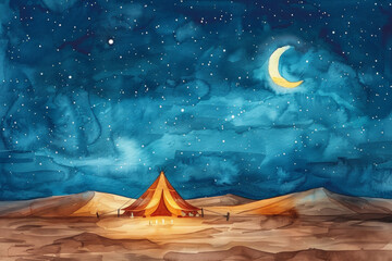 A painting of a tent in the desert at night. Magical Ramadan greeting card design.
