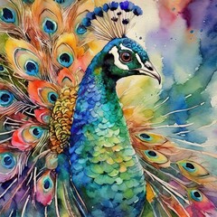 the vibrant beauty of a peacock depicted in watercolor. Capture the intricate details of its iridescent plumage using rich, jewel-toned colors, creating a stunning piece of art that adds a touch of el