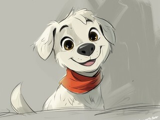 A drawing of a dog with a red bandanna around its neck.