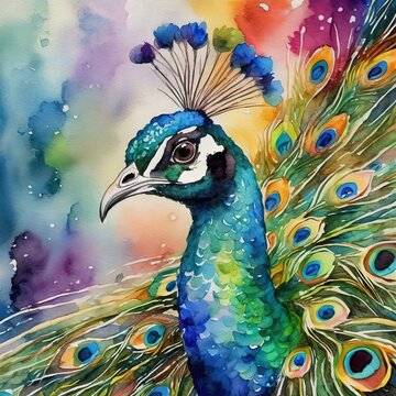 peacock with feathers.the vibrant beauty of a peacock depicted in watercolor. Capture the intricate details of its iridescent plumage using rich, jewel-toned colors, creating a stunning piece of art t