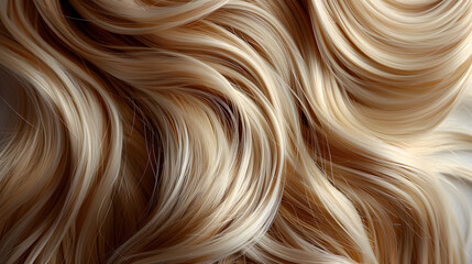 Strands of  Beautiful long wavy hair colored in light blond color, top view.   Closeup shot of  beautiful curly hair. Beauty, Fashion concept. Hairdresser salon concept - obrazy, fototapety, plakaty