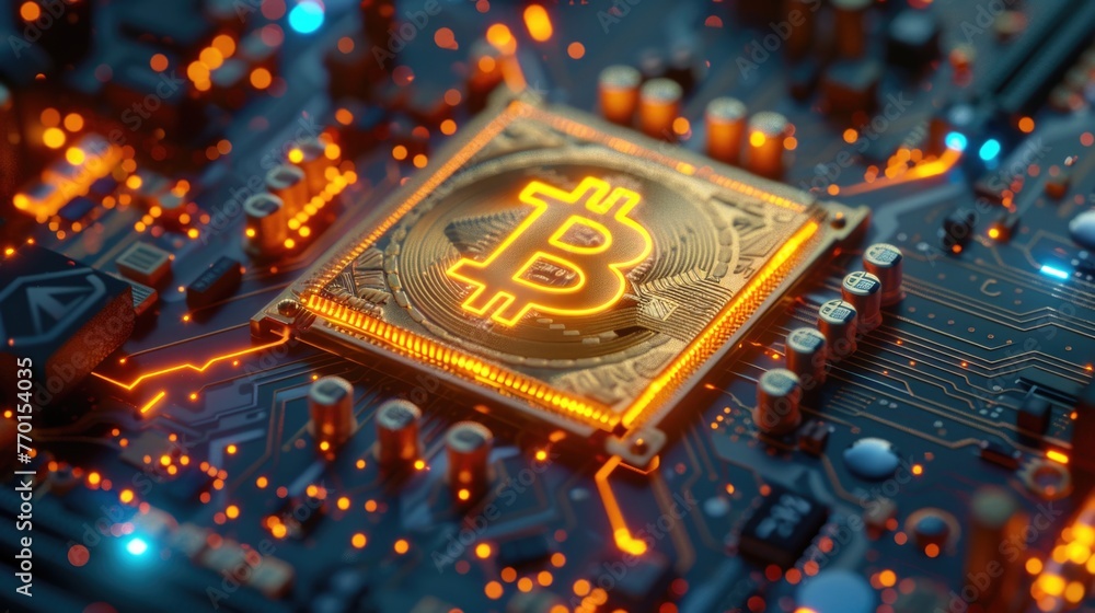Poster a close up of a bitcoin on a computer motherboard.