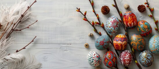 Pysanky, Easter eggs decorated with designs, alongside pussy willow branches and feathers, set against a white wooden backdrop in a wide format photograph taken from above with empty space for text. - obrazy, fototapety, plakaty