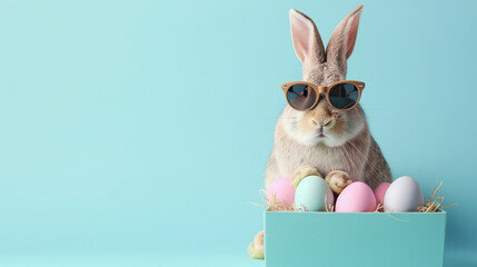 Funny easter card with a cool cute easter bunny with sunglasses, sitting in gift box with easter eggs, isolated on blue background. Generative AI