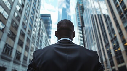 Fototapeta na wymiar low angle, back view, african-american businessman, suit, in the background skyscrapers in the business district, 16:9