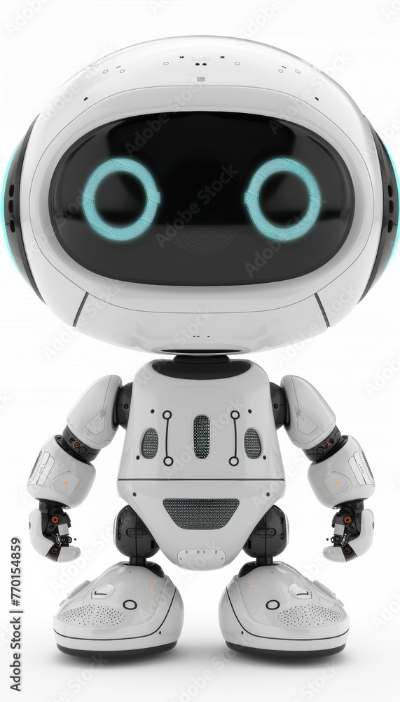 Aufkleber futuristic white robot in 3d with floating digital network connections, dots, lines, and text space.
