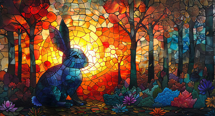 A colorful stained glass mosaic depicting a blue rabbit amongst vibrant autumnal trees.