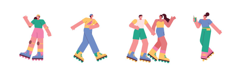 People riding inline skates. flat design style vector illustration.