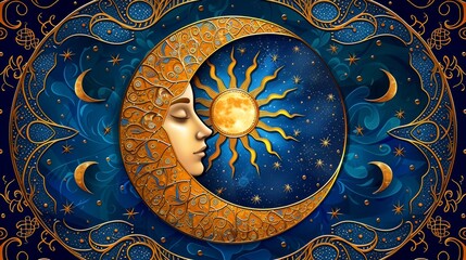 A captivating celestial artwork portraying the moon gently embracing the sun within an ornate cosmic circle, symbolizing unity and balance.