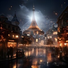 Illustration of a city street at night with a view of the Eiffel Tower