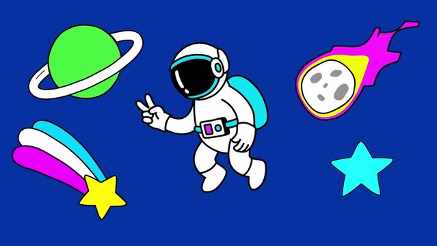 Set of 5 space cartoon sticker character animations on a transparent background. Astronaut making victory hand gesture, meteorit, falling star and planet.