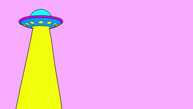 Cartoon ufo sauser with light beam. Animation in comic sticker outline hand drawn style on a transparent background