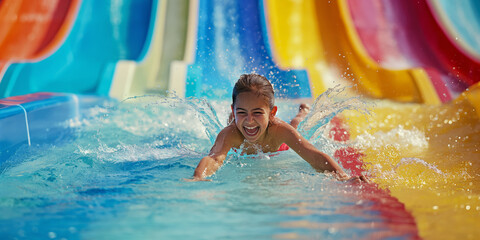Child Enjoying Water Slide Adventure at Colorful Amusement Park on Sunny Day