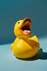 Adorable Yellow Rubber Duck Poses Vibrantly on a Blue Background, Toy