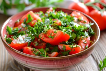 Delicious spring salad with fresh herbs and ripe tomatoes for a healthy and nutritious diet