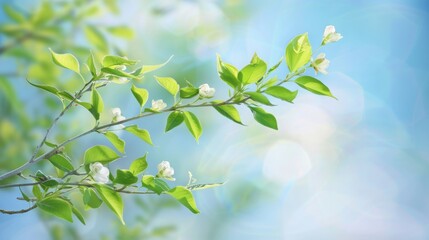 Spring landscape with soft lighting showcasing green leaves and blue sky