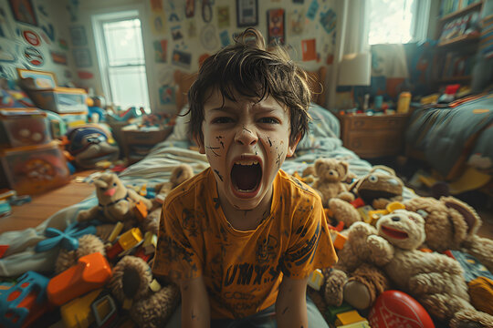 Undisciplined boy yelling after making a mess in his bedroom.