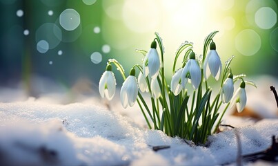 Blooming snowdrop flowers on the snow, selective focus blur. A beautiful card for the holiday in March.
 - obrazy, fototapety, plakaty