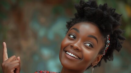 Beautiful smiling young black woman pointing up to copy and text space, 16:9 