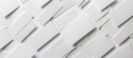 Business cards laid out horizontally in rows on a white textured paper background. - obrazy, fototapety, plakaty