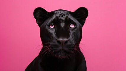 A magnificent black panther gracefully poses against a vivid pink background. The sleek, glistening fur adds to the allure of this striking image.