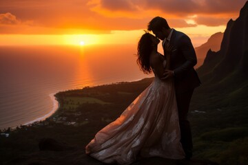 Newlywed couple embracing at sunset on a tropical island cliffside, creating a romantic scene with stunning ocean views. Ideal for wedding albums or travel brochures. - obrazy, fototapety, plakaty