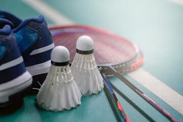 Badminton sport equipments, rackets, shuttlecocks, shoes, for exercising on pvc floor of indoor...