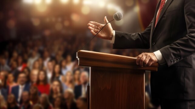 A politician speaks to an audience from the podium. Diplomatic speech, debate, demarche. Concept: Speechwriter, political activity and the will of voters.