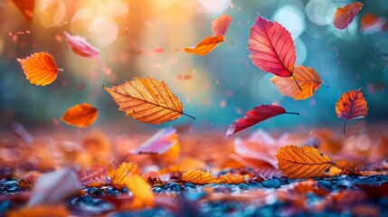 A group of colorful leaves falling from a tree in autumn signaling the changing of seasons and the cyclical pattern of nature. - obrazy, fototapety, plakaty