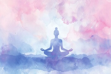 Soft pastel watercolor background with a silhouette of a yoga pose