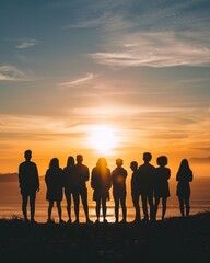 Silhouettes of individuals standing shoulder to shoulder overlooking a sunrise - obrazy, fototapety, plakaty