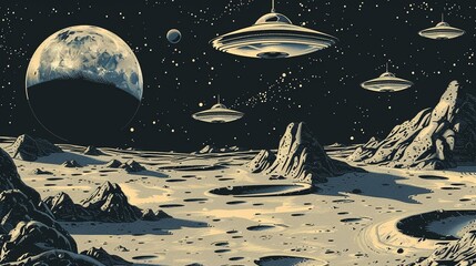 Retro UFOs gliding over a cratered moon landscape