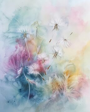 Soft Pastel Watercolor Wash With Floating Dandelion Seeds