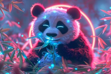 Adorable 3D neon panda surrounded by a halo of soft lights - obrazy, fototapety, plakaty