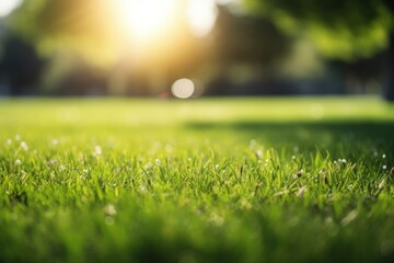 Vibrant green lawn freshly mowed under the clear blue sky, creating a soothing and inviting atmosphere with a mesmerizing bokeh effect in the background, ideal for nature and outdoor concepts. - obrazy, fototapety, plakaty