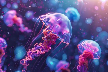 Naklejka premium 3D-rendered jellyfish in neon hues drifting in a deep sea adventure