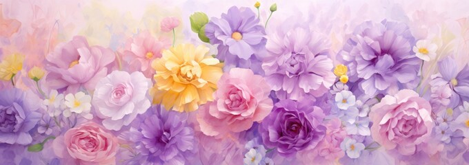 Floral garden texture with blooming with flowers, rose pink, lavender and buttercup yellow