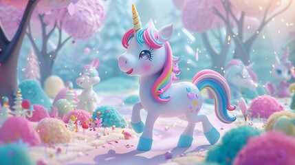 3D-rendered kawaii unicorn with sparkling eyes and a rainbow mane prancing in a magical