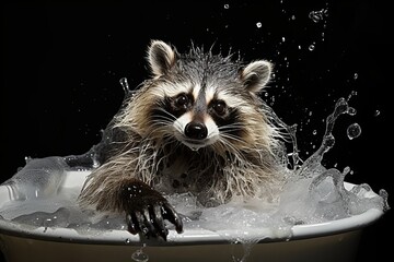Curious and playful raccoon happily splashing around in a luxurious bathtub filled with water, enjoying a refreshing bath time experience on a cozy evening, isolated on a dark background. - obrazy, fototapety, plakaty