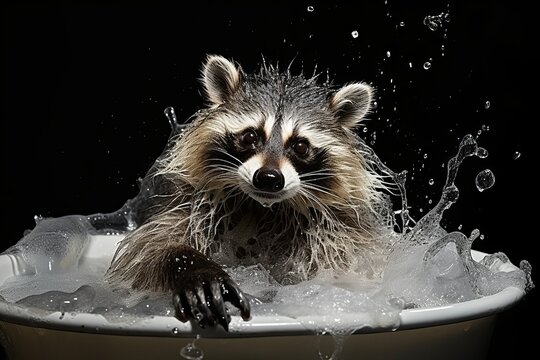 Curious and playful raccoon happily splashing around in a luxurious bathtub filled with water, enjoying a refreshing bath time experience on a cozy evening, isolated on a dark background.