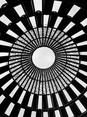 Abstract geometric pattern of a circular dome structure in black and white.