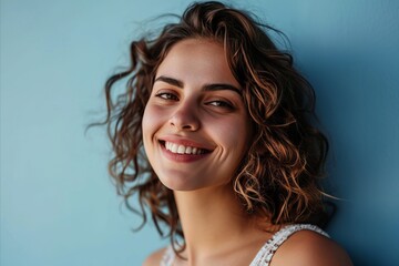 Portrait of a beautiful young woman smiling and looking at camera isolated over blue background