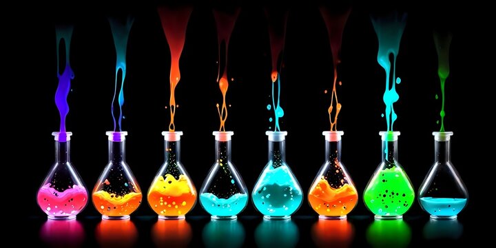 Flasks with colored and glowing liquids, splashes, 3D render, PC wallpaper