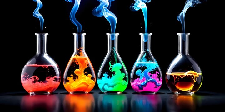Flasks with colored and luminous liquids, with colored smoke, wallpaper, science, 3D render