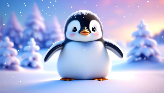 A 3D rendered image of a baby penguin in a snowy winter scene