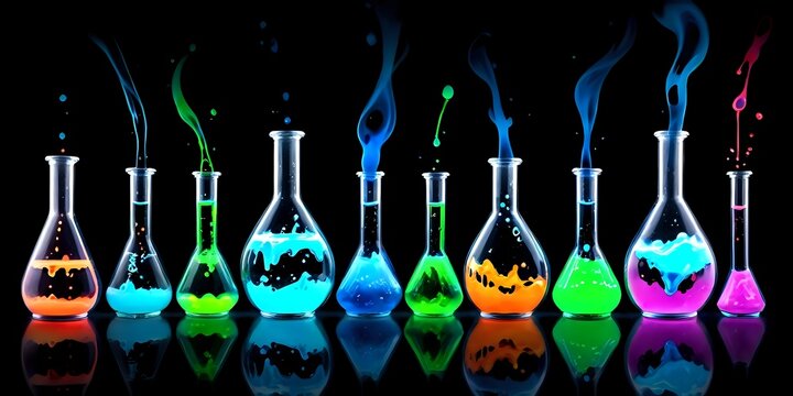 Flasks with colored and glowing liquids, splashes, 3D render, PC wallpaper, illustration
