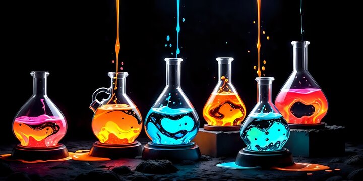 Flasks with colored and glowing liquids, splashes, science, 3D render, wallpaper