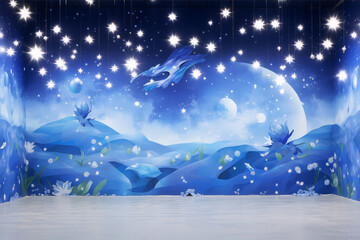 Whimsical blue and white mural of a starry night over a rolling landscape with flowers and a crescent moon.